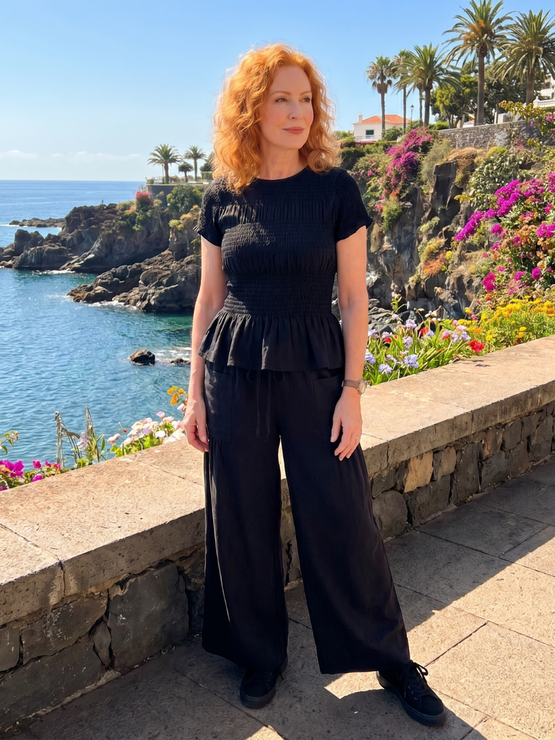 Selthea | Peplum Detail Smocked Top And Wide Leg Pants Set