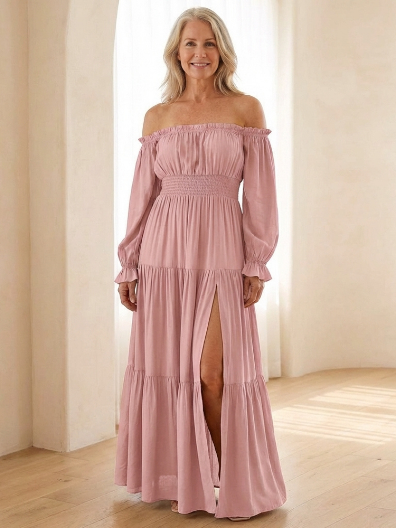 Merndra | Off Shoulder Long Sleeve Smocked Maxi Dress