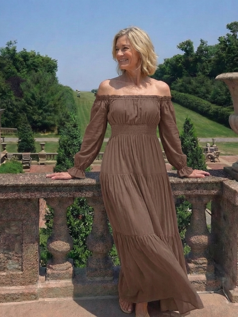 Merndra | Off Shoulder Long Sleeve Smocked Maxi Dress