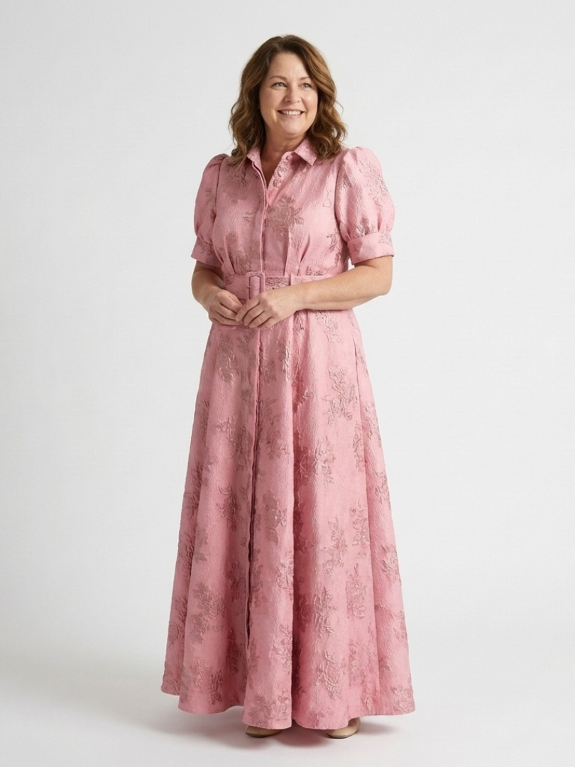Dellalyn | Short Sleeve Belted Floral Textured Maxi Shirt Dress