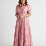 Dellalyn | Short Sleeve Belted Floral Textured Maxi Shirt Dress