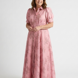 Dellalyn | Short Sleeve Belted Floral Textured Maxi Shirt Dress