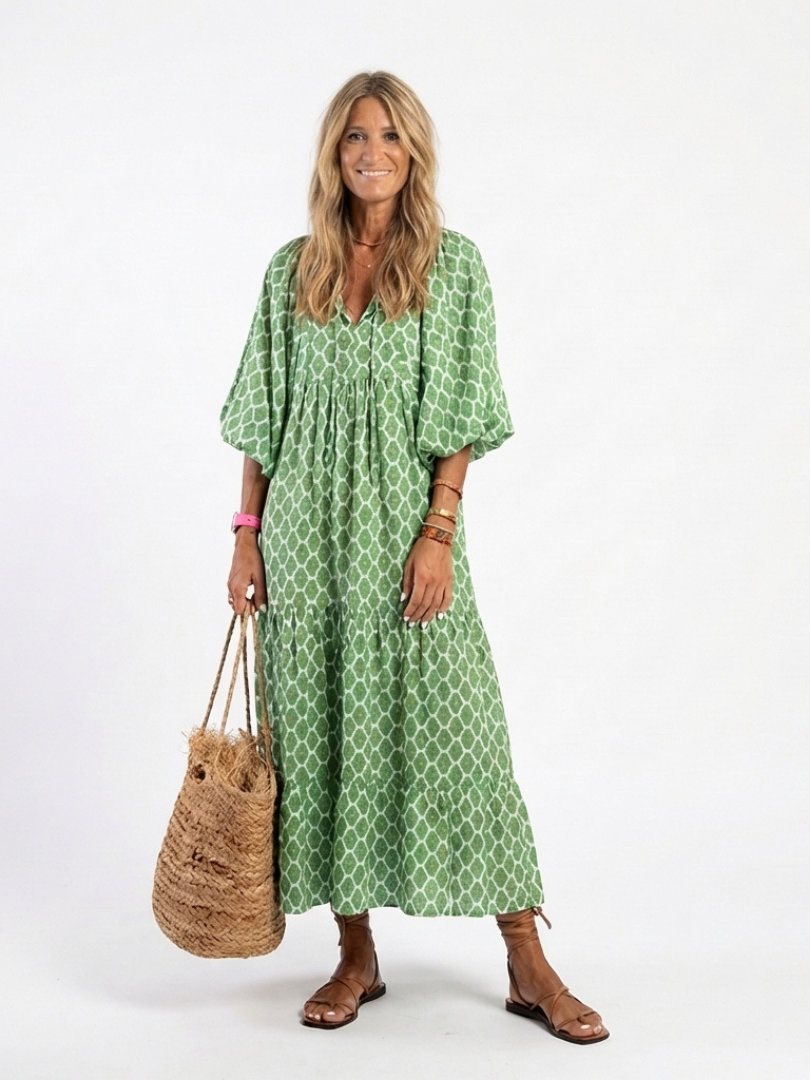 Tamsinrose | Three Quarter Sleeve V Neck Patterned Midi Dress