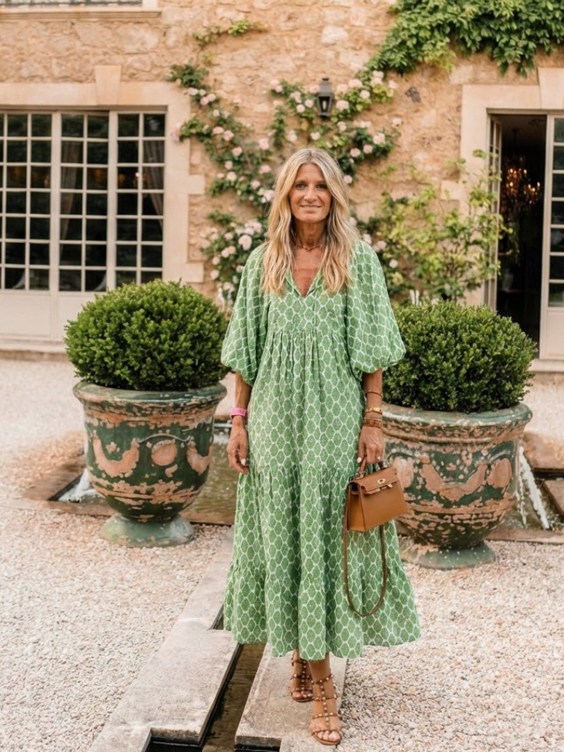 Tamsinrose | Three Quarter Sleeve V Neck Patterned Midi Dress