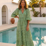 Tamsinrose | Three Quarter Sleeve V Neck Patterned Midi Dress