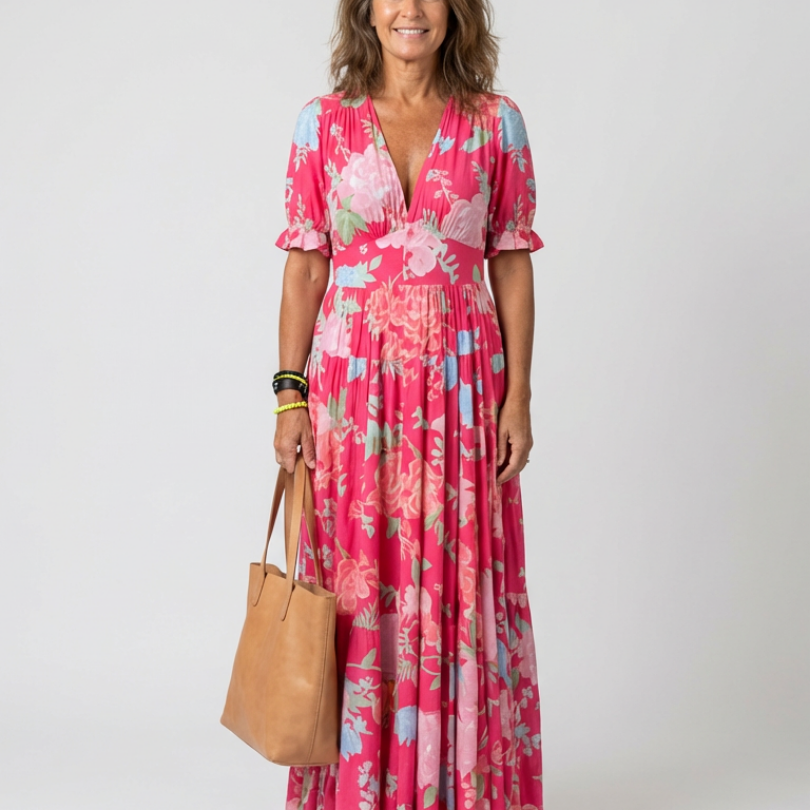 Hilabelle | Short Sleeve V Neck Floral Midi Dress