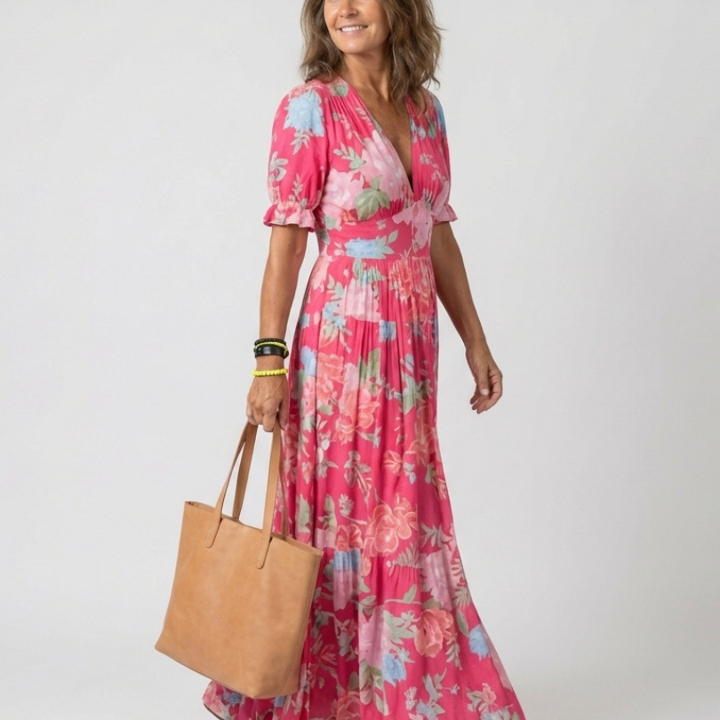 Hilabelle | Short Sleeve V Neck Floral Midi Dress