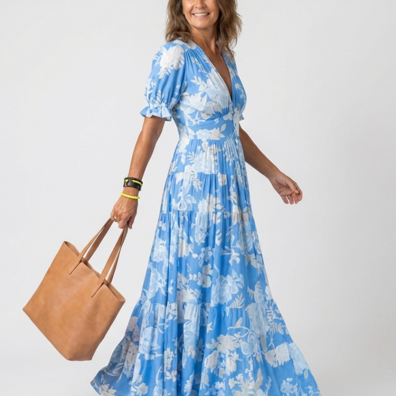 Hilabelle | Short Sleeve V Neck Floral Midi Dress