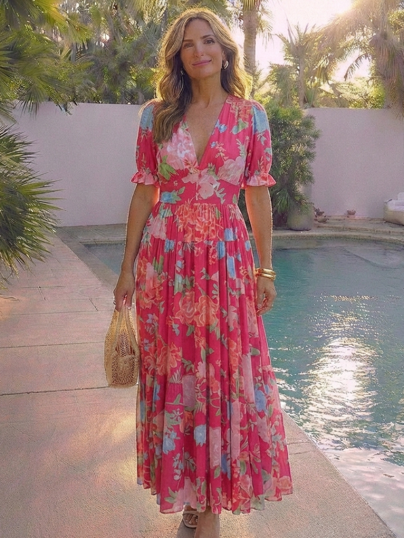 Hilabelle | Short Sleeve V Neck Floral Midi Dress