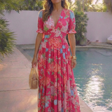 Hilabelle | Short Sleeve V Neck Floral Midi Dress