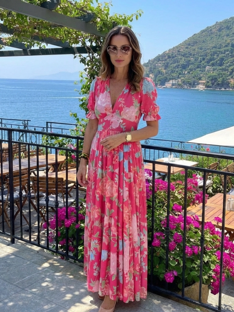Hilabelle | Short Sleeve V Neck Floral Midi Dress