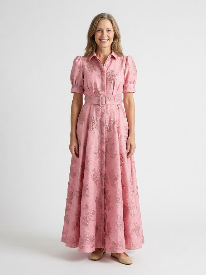 Dellalyn | Short Sleeve Belted Floral Textured Maxi Shirt Dress