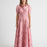 Dellalyn | Short Sleeve Belted Floral Textured Maxi Shirt Dress
