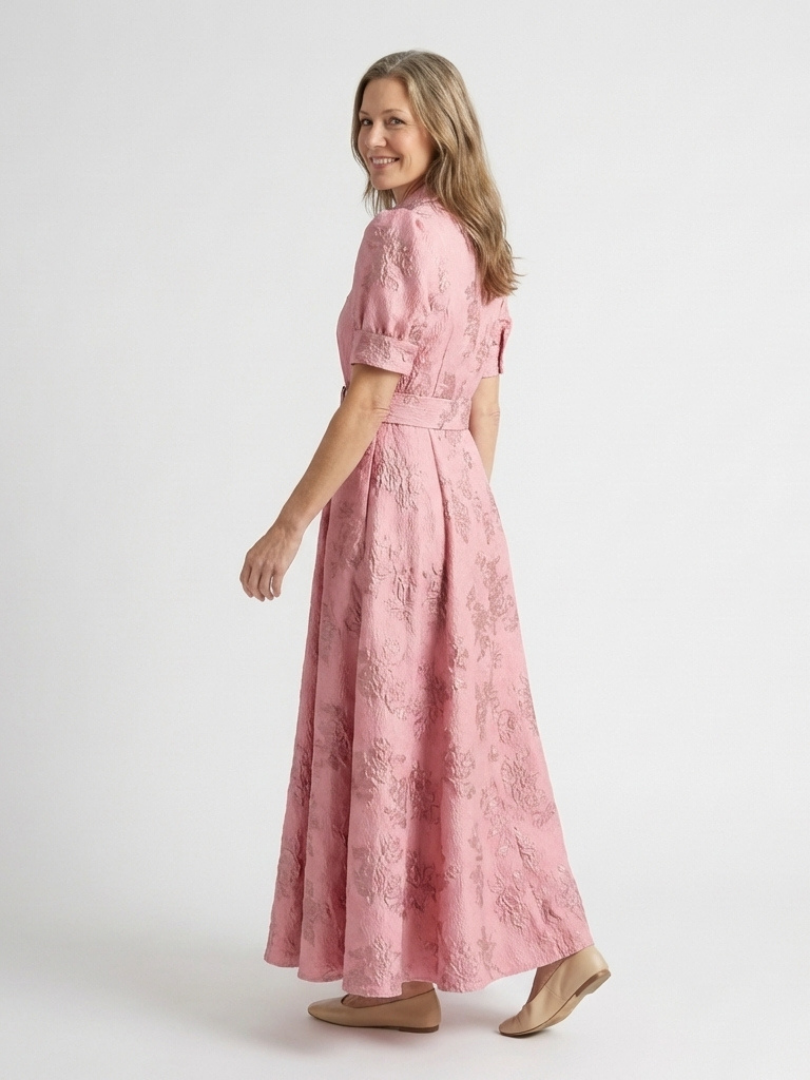 Dellalyn | Short Sleeve Belted Floral Textured Maxi Shirt Dress