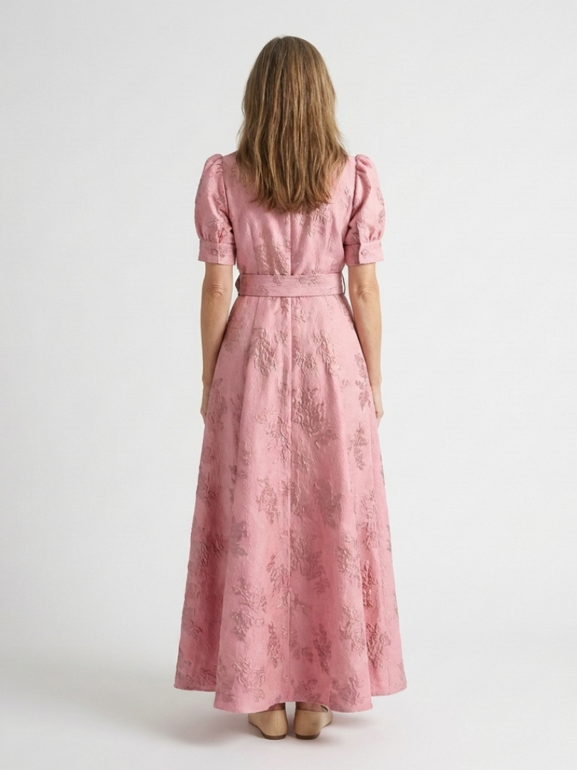 Dellalyn | Short Sleeve Belted Floral Textured Maxi Shirt Dress