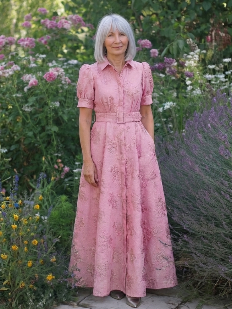 Dellalyn | Short Sleeve Belted Floral Textured Maxi Shirt Dress