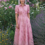 Dellalyn | Short Sleeve Belted Floral Textured Maxi Shirt Dress