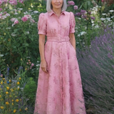 Dellalyn | Short Sleeve Belted Floral Textured Maxi Shirt Dress