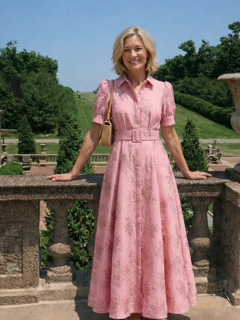 Dellalyn | Short Sleeve Belted Floral Textured Maxi Shirt Dress