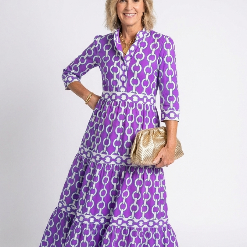 Tamsinine | Three Quarter Sleeve Chain Pattern Midi Dress