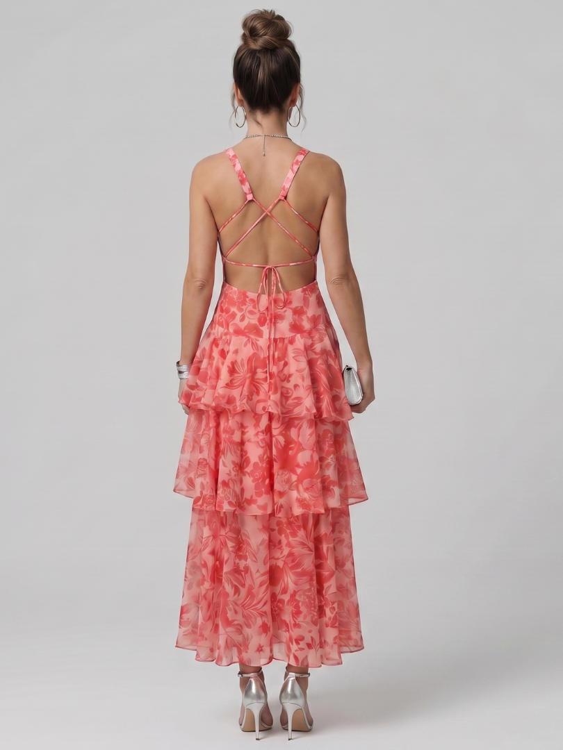 Sabda | Deep V Sleeveless Painterly Pattern Midi Dress