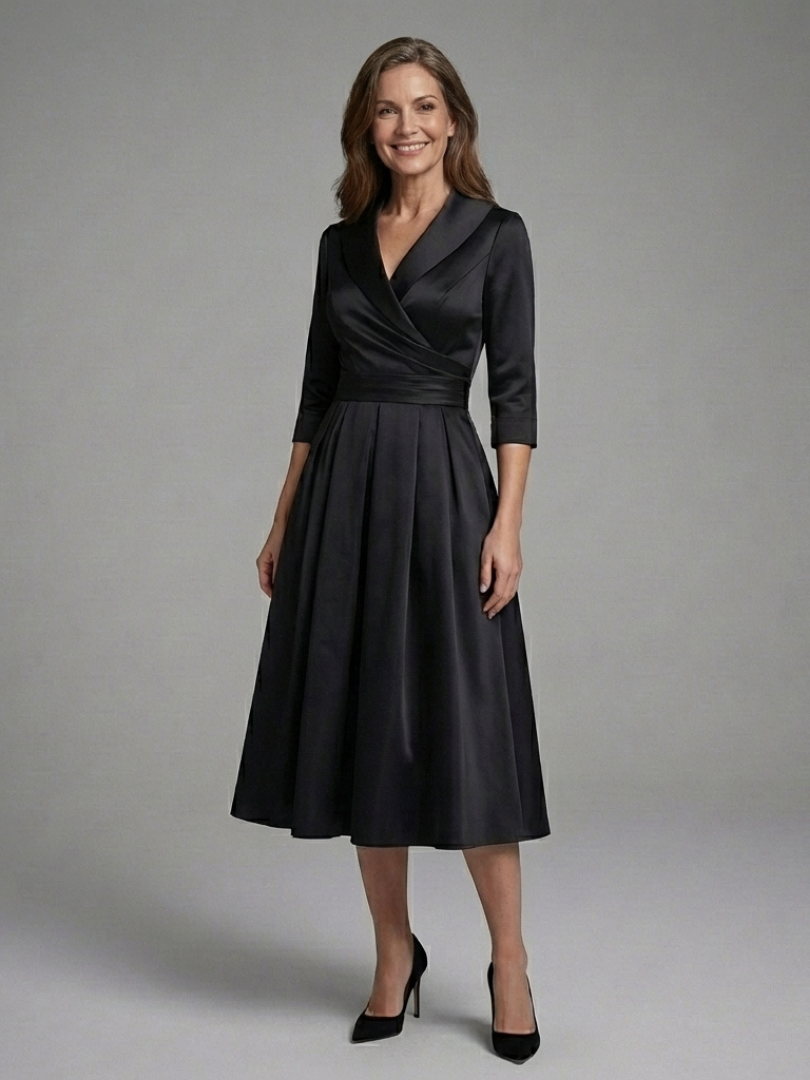 Dorrina | Three Quarter Sleeve Wrap Bodice Midi Dress