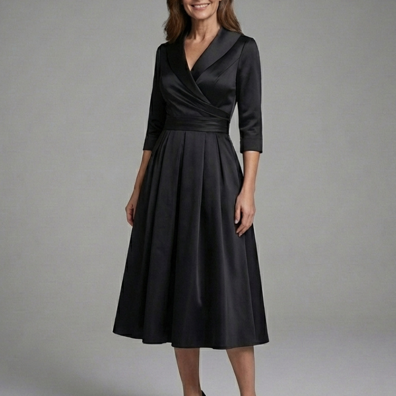 Dorrina | Three Quarter Sleeve Wrap Bodice Midi Dress