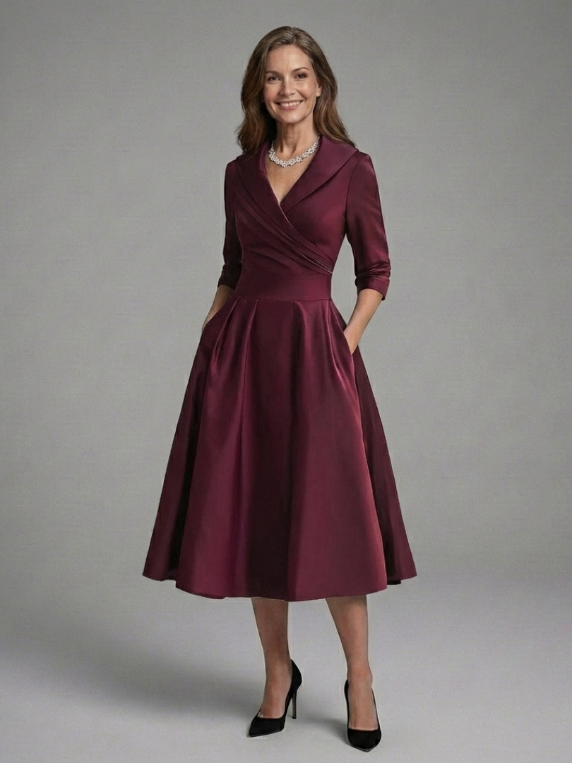 Dorrina | Three Quarter Sleeve Wrap Bodice Midi Dress