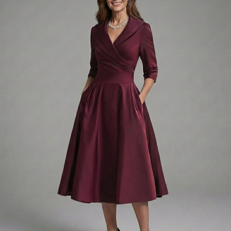 Dorrina | Three Quarter Sleeve Wrap Bodice Midi Dress