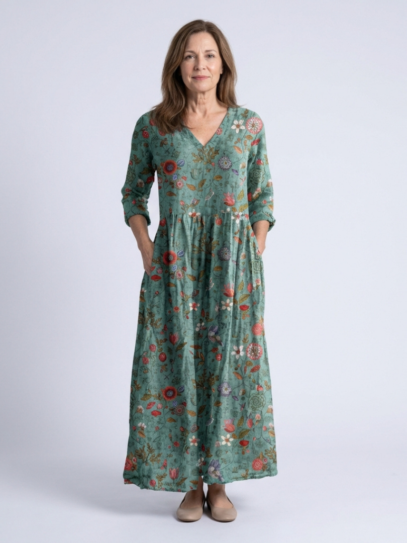 Lorwen | Floral V Neck Three Quarter Sleeve Maxi Dress
