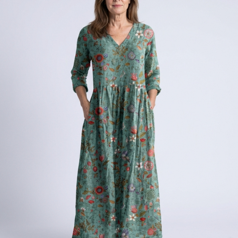 Lorwen | Floral V Neck Three Quarter Sleeve Maxi Dress
