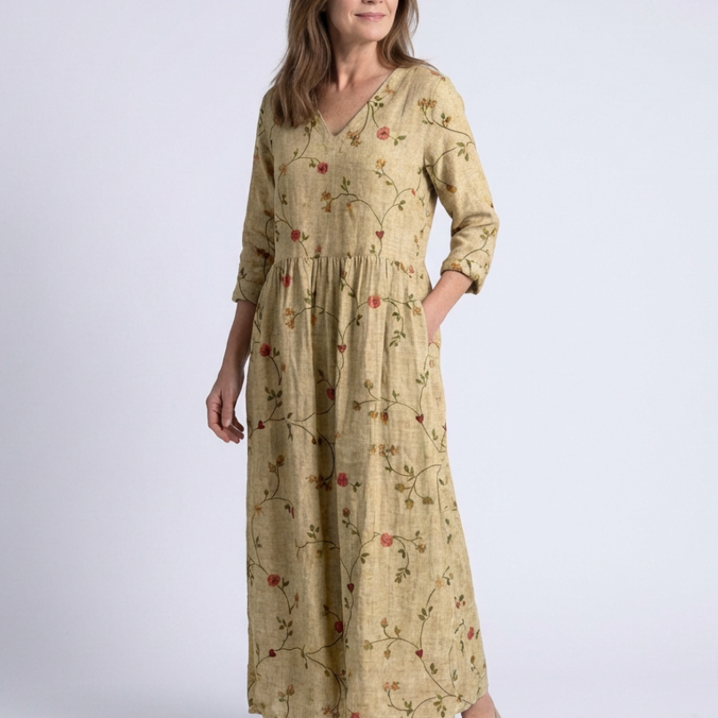 Lorwen | Floral V Neck Three Quarter Sleeve Maxi Dress