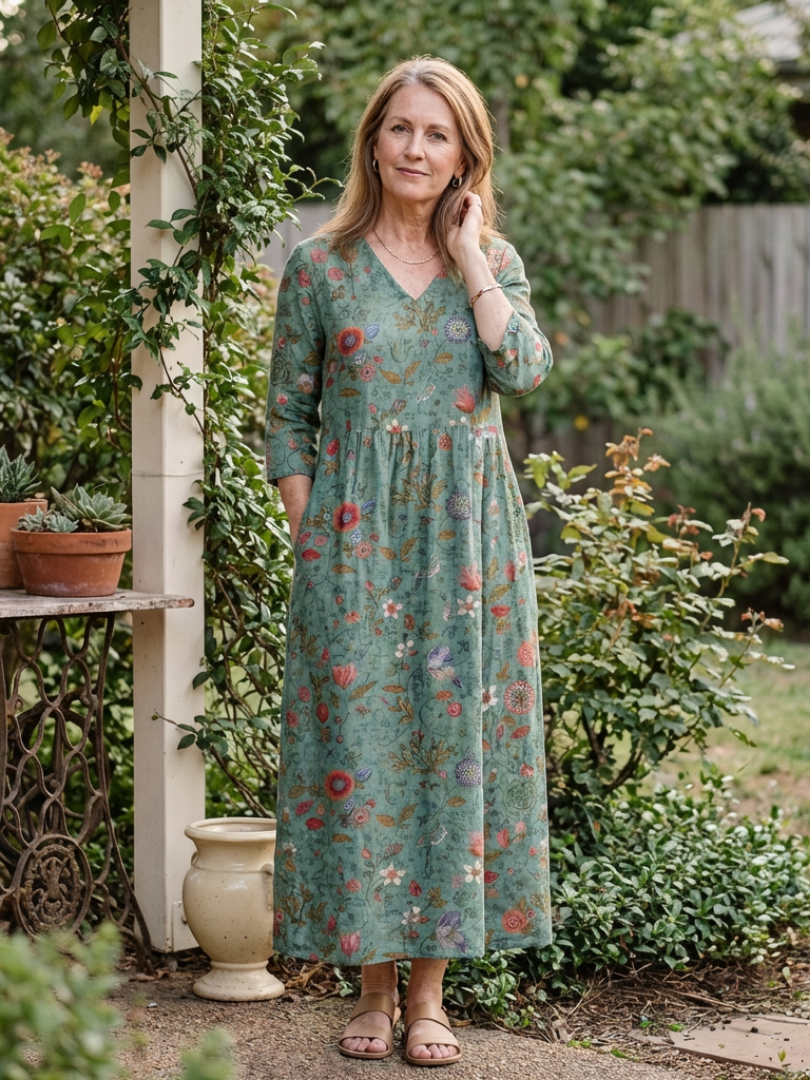 Lorwen | Floral V Neck Three Quarter Sleeve Maxi Dress
