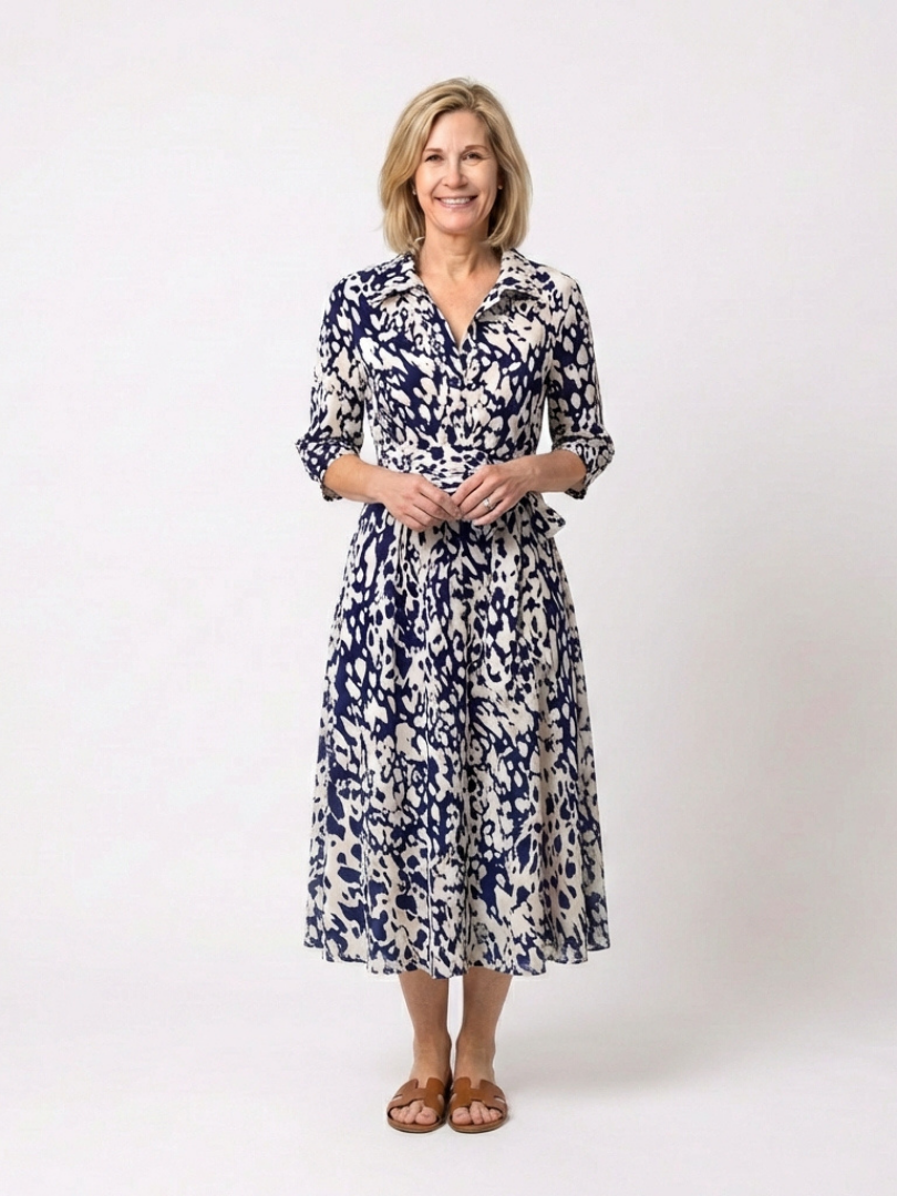 Renina | Collared Long Sleeve Waist Tie Midi Dress