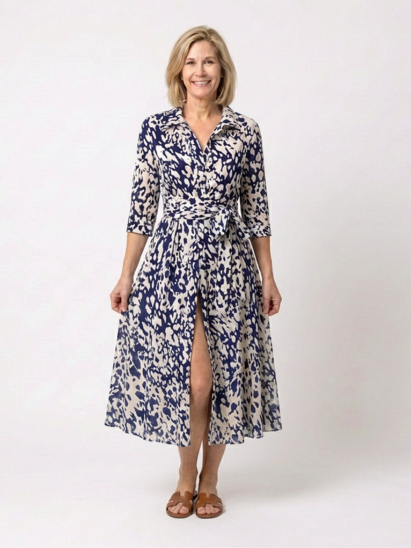 Renina | Collared Long Sleeve Waist Tie Midi Dress