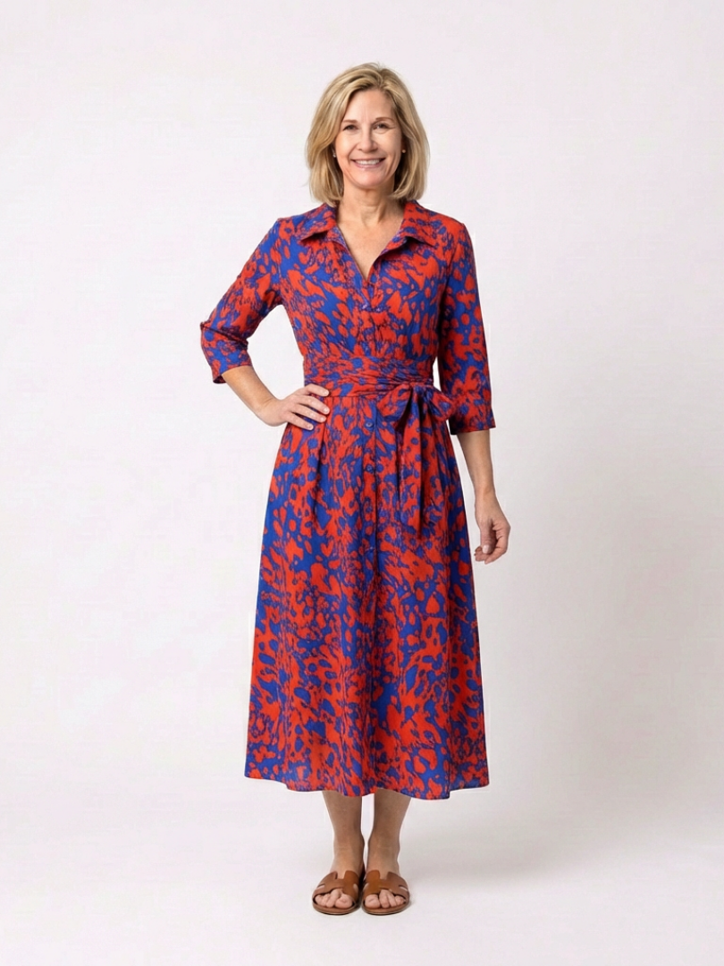 Renina | Collared Long Sleeve Waist Tie Midi Dress
