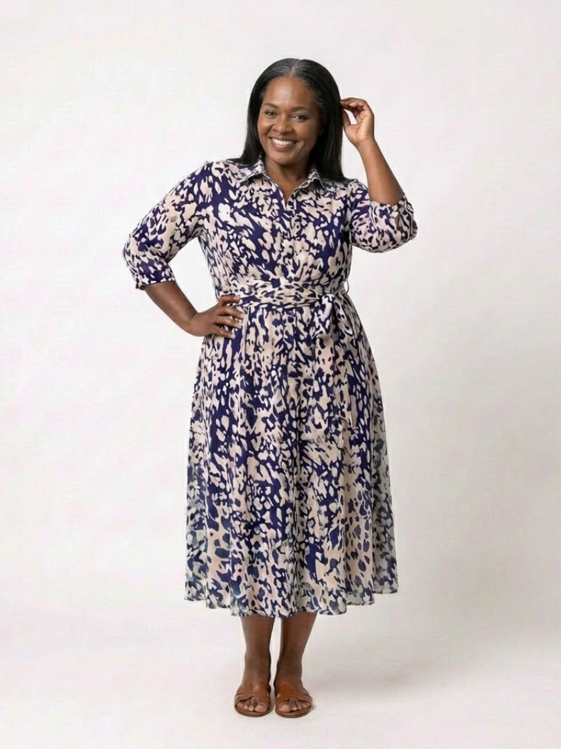 Renina | Collared Long Sleeve Waist Tie Midi Dress
