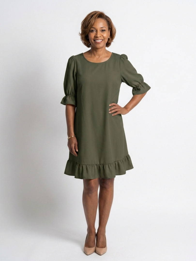 Dellawynne | Short Sleeve Ruffle Hem Knee Length Dress