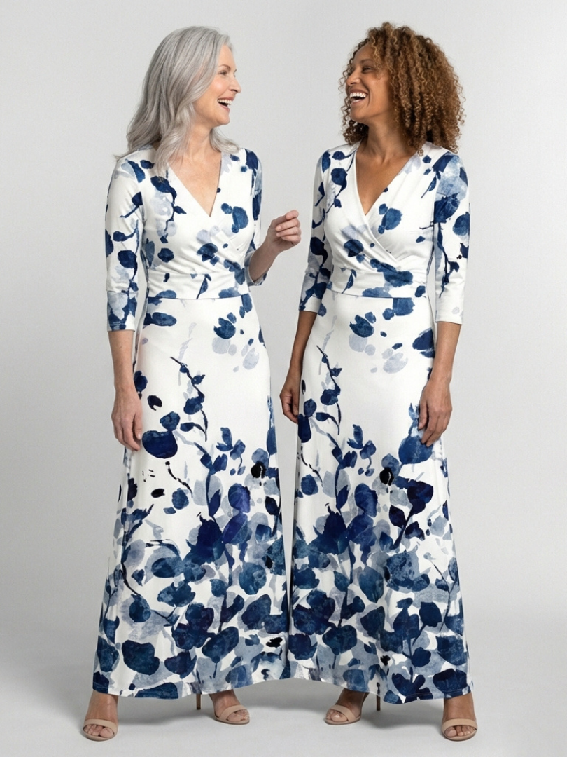Zarsette | Three Quarter Sleeve V Neck Floral Maxi Dress