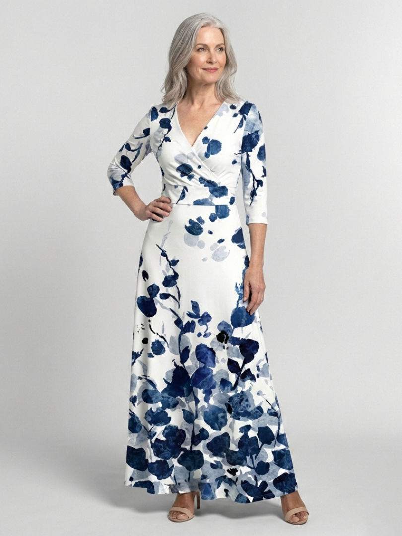 Zarsette | Three Quarter Sleeve V Neck Floral Maxi Dress