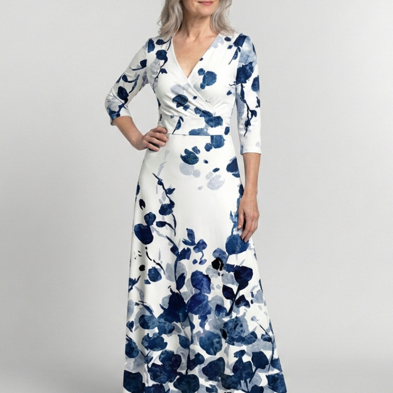Zarsette | Three Quarter Sleeve V Neck Floral Maxi Dress