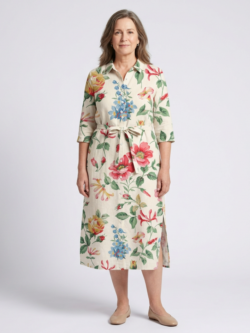 Vesney | Button Front Half Sleeve Floral Midi Dress
