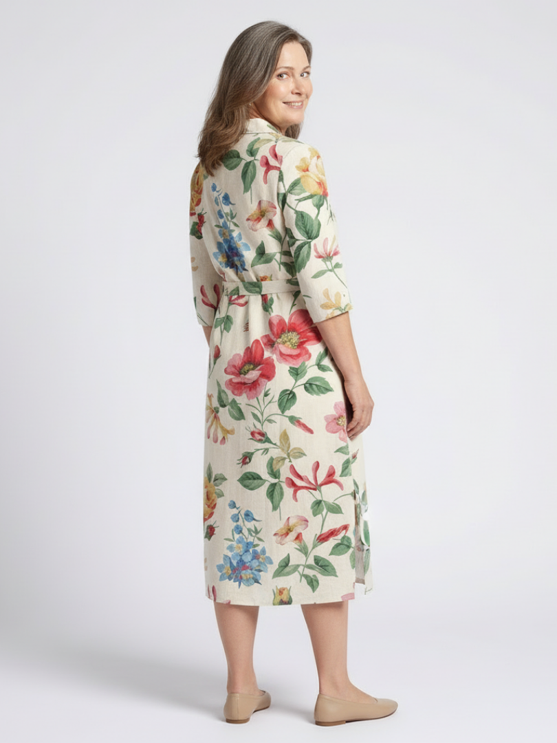 Vesney | Button Front Half Sleeve Floral Midi Dress