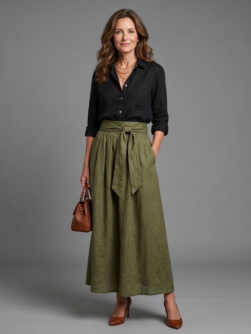 Thalsette | Two Piece Set Black Blouse Olive Green Midi Skirt