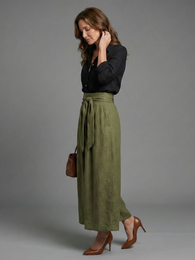 Thalsette | Two Piece Set Black Blouse Olive Green Midi Skirt