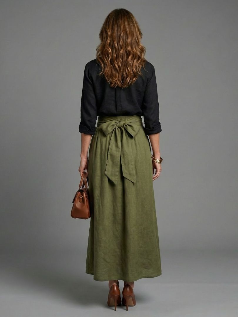 Thalsette | Two Piece Set Black Blouse Olive Green Midi Skirt