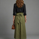 Thalsette | Two Piece Set Black Blouse Olive Green Midi Skirt