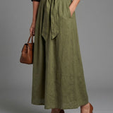 Thalsette | Two Piece Set Black Blouse Olive Green Midi Skirt