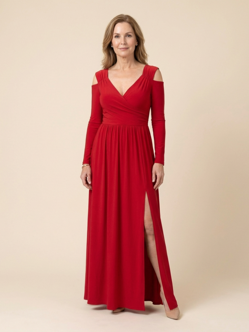 Clania | Long Sleeve V Neck Maxi Dress With Slit