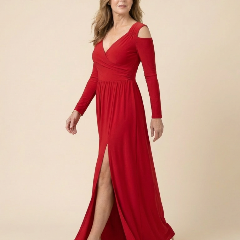 Clania | Long Sleeve V Neck Maxi Dress With Slit